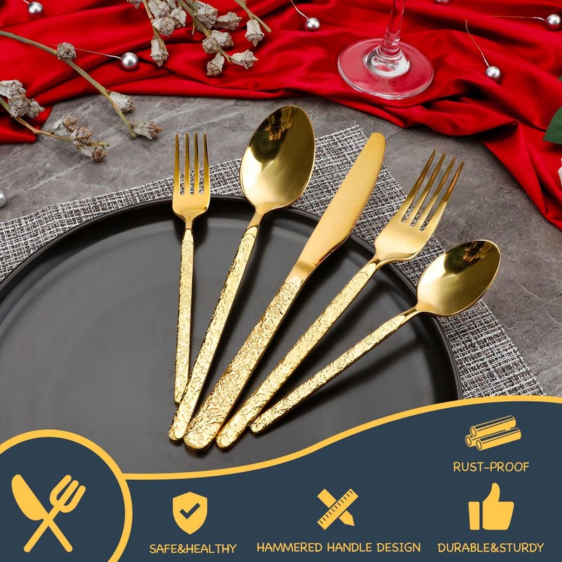 20-Piece Gold Silverware Set, Hammered 18/10 Stainless Steel Flatware Set