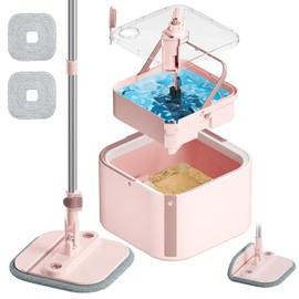 INWEJIA Upgraded Spin Mop and Bucket Set Self-Standing Mop Bucket Separate Dirty and Clean Water System Self Wringing 360° Rotating 90° Foldabl Mops and Buckets for Floor Cleaning (Pink, 2Pads)