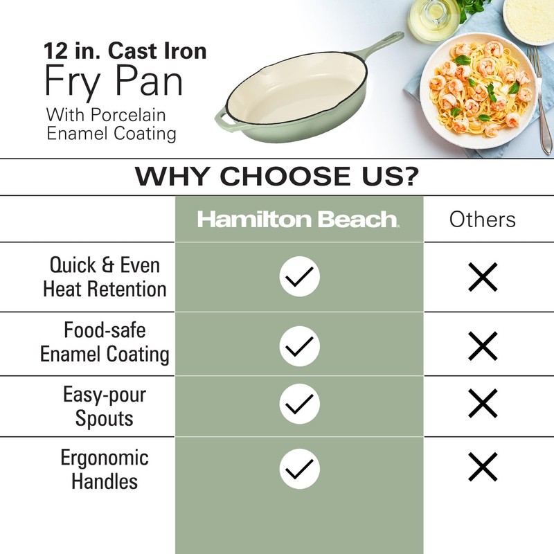 Hamilton Beach Enameled Cast Iron Fry Pan 12-Inch Sage, Cream