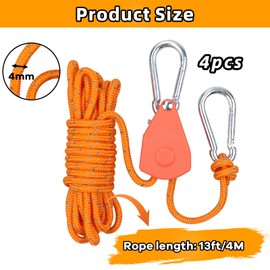 4 mm Reflective Guy Ropes Rope with Rope Tensioner, 4 m Adjustable Guy Ropes Camping with Ratchet Rope Ratchet with Hooks, Guy Ropes Tent Cord with Tensioner for Tent Tarpaulin (Orange, 13 ft/4 m)
