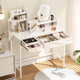 VEELOK Makeup Vanity Desk White Make up Table with 3 Color Lighted Mirror 35.4 inches Small Vanity with Storage Drawers for Bedroom Dressing Table
