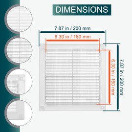 Ecopro Vent / 6'' x 6'' Inch Opening Measurement / White Square Vent External Grille with Protective Mesh - Lightweight Plastic Register / Cover Indoor Outdoor Soffit Vent - 8x8 Outer Measurement