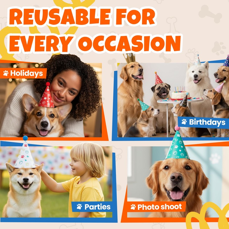 Dog Birthday Party Hat Set, Reusable & Adorable Kitty/Doggy Birthday