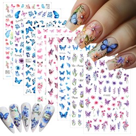 8 Sheets Colorful Flowers Butterfly Nail Art Stickers Decals 3D Floral Self-Adhesive Nail Decals Design Spring Summer Rose Flower Butterflies Nail Stickers for Women DIY Manicure Decoration Supplies