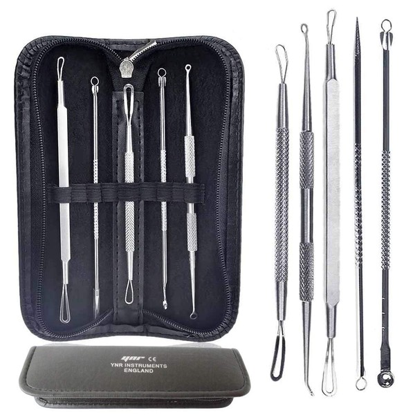 YNR 5Pcs Professional Surgical Extractor Blackhead Remover Pimple Acne Extractor Tool Best Comedone Removal - Treatment For Blemish, Whitehead Popping, Zit Removing With Leather Bag Case Kit