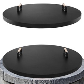 Permade Fire Pit Lid Cover Round - 34" Rust Resistant Powder Coated Steel Firepit Cover or Table with 2 Wooden Handles for Patio Fire Pit, Weatherproof for All Seasons, Fits Fire Pits Up to 32"