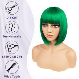 BATISI Green Bob Wig for Women Short Bob Straight Wigs Flat Bangs Synthetic Costume Cosplay Daily Party Neon Wig 12 Inch