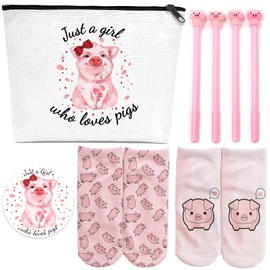 CIXICM Pig Gifts for Pig Lover, Included Pig Makeup Bag with Zipper, Cute Pig Socks, Mini Round Mirror, Christmas, Thanksgiving, Birthday Pig Gifts for Women Girls