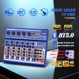 Professional 7-Channel Audio Mixer, Bluetooth 5.0, 24-bit DSP Effects, USB/MP3 Recording, +48V Phantom Power