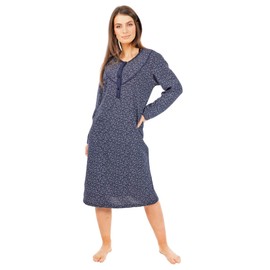 i-Smalls Long Length Loose Fit Thermal Brushed Cotton Trim Collared Round Neck Floral Ladies Nightie with Intricate Design(2XL) Navy