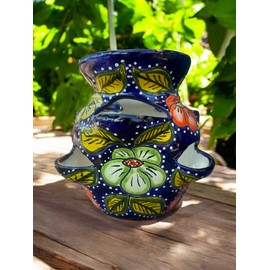 Talavera Strawberry Planter - Blue with Floral Design, Handcrafted Mexican Pottery, 10” x 10” - Garden & Outdoor Use