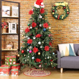 N&T NIETING Burlap Christmas Tree Skirt, 30 Inches Tree Skirt with Red and Black Plaid Snowflake Merry Christmas Tree Mat for Xmas Holiday Home Decoration