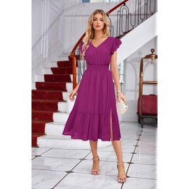 GRACE KARIN Dresses Polka Dot Dress for Women V Neck Ruffle Sleeve A-Line Midi Dress Summer Cocktail Party Dress Rose Red XL