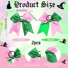 Landical 2 Pcs 7'' Witch Hair Accessories Glitter Leather Pink and Green Hair Bows with Ponytail Holder Cute Hair Tie for Witch and Princess Birthday Party Favor Cosplay Outfit Movie Fans Merch Gifts