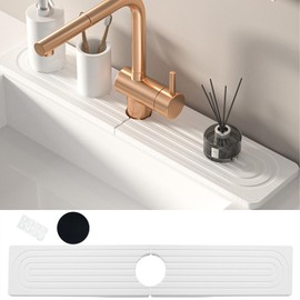 KUAOOAUK Faucet Mat for Kitchen Sink, Diatomaceous Earth Fast Drying Sink Splash Guard, Super Absorbent Stone Tray, Faucet Splash Guard for Bathroom Counter (White, 23.6 x 3.9 Inch)