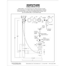 Westbrass D50P27TLERE-01 27" Cable Drive Bath Drain Trim with Rotary Overflow Cover Knob, Pop-Up Stopper and Poly Tubular Pipes & Fittings, Polished Brass