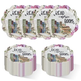 50 Pcs Book Themed Party Tableware Decorations, 7 inch Book Club Party Plates Scalloped Floral Paper Plate Reading Club Decorative Plate Set Disposable for Birthday Baby Shower Bridal Party Wedding