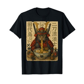 Samurai Cat Eating Ramen Noodles T-Shirt