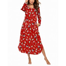 Ekouaer Women's Nightgown V-Neck Loungewear Long Sleeve Sleepwear Full Length Nightgown for Women Red Christmas Medium
