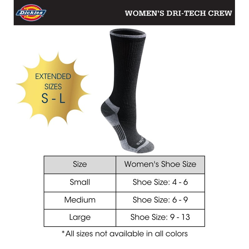 Dickies womens Dritech Advanced Moisture Wicking Crew Sock (6/12 Packs)Black