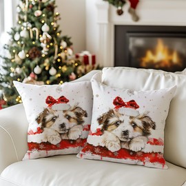 Cirzone Christmas Cushion Cover, 45 x 45 cm, Set of 2, Puppy Christmas Cushion, Christmas Decor Cushion, Christmas Cushion Cover, Christmas Decoration for Home, Sofa, Bedroom