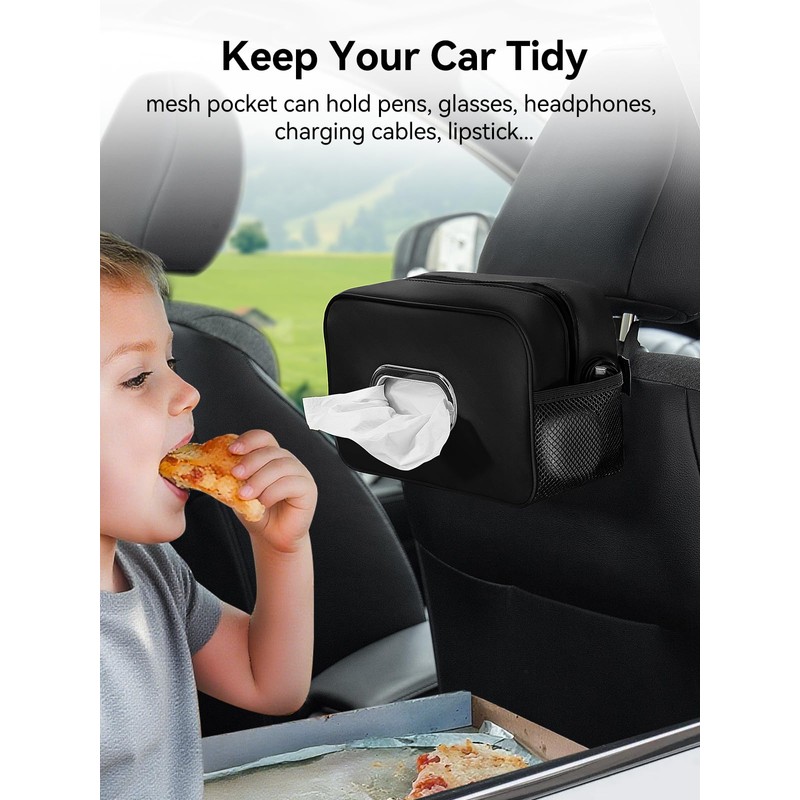Multi-Functional Car Tissue Holder with ‌2 Storage Nets, Upgraded PU