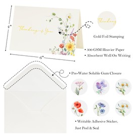Crisky 12 Pack Thinking of You Cards with Envelopes 4 Assorted, 4”x6”, Encouragement Cards, Wildflower Gold Foil Greeting cards, Blank Inside, Note Cards
