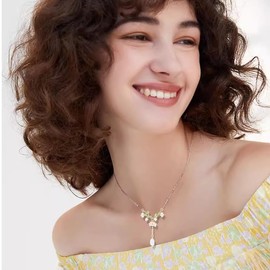 Lily of The Valley Rose Flower Leaf Necklace for Women Gold Plated Boho White Fairy Flowers Tassel Pearl Green Leaf Necklace Wedding Bridal Spring Holiday Jewelry Gifts (Long)