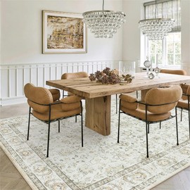 LIVEBOX Machine Washable Area Rugs 9x12 for Living Room, Non-Slip Beige Boho Rug Ultra-Thin Soft Faux Wool Neutral Rug Vintage Rug Cream for Home Office Large Area Rug for Dining Room