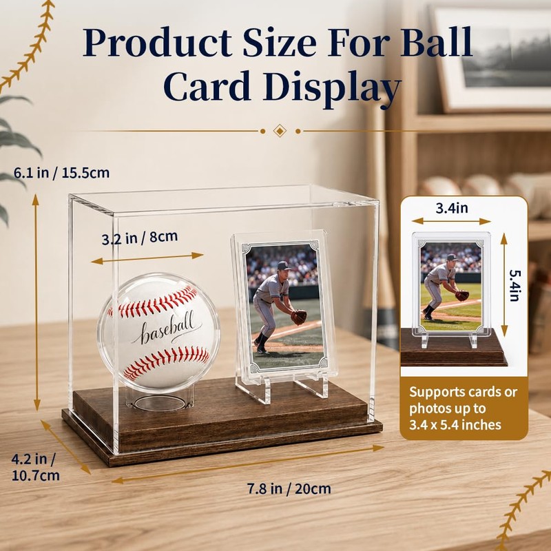 Baseball Display Case with Card Holder, Wood Base
