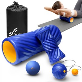 Sportneer 4 in 1 Foam Roller Set: Dual Textures Foam Roller, Foot Roller, Lacrosse Ball, Traction Massage Ball with String, Deep Massage Roller for Whole Body Release, Physical Therapy (Blue)