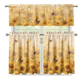 Cozeyat Sunflower Bee Kitchen Curtain Valance Set 35.8 Inch Long Tier Curtains Cafe Curtains Rod Pocket Valances for Living Room Bedroom Bathroom Farmhouse Rustic Country Window Curtains