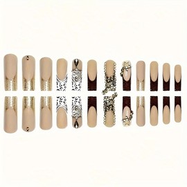 FIEONCIY Press on Nails Coffin Long Length Acrylic Glossy Full Cover Square Shaped French False Nails with Designs Artificial Extra Long Fake Nails with Charms Glue ons Fingernails for Women(C080)