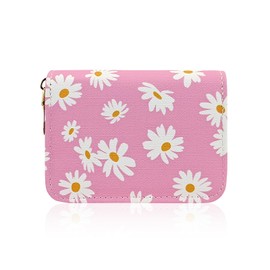 AfitLulu Credit Card Holder for Women, RFID-Blocking Card Holder Wallet with Zipper 11Slots Daisy Womens Card Organizer (Pink)