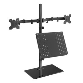 WALI Dual Monitor Stand with Laptop Holder, Height Adjustable Laptop Stand for Desk, Fits up to 27 inch Monitors and 17 inch Laptops, Freestanding Dual Monitor Mount with Glass Base(GMF003LP), Black