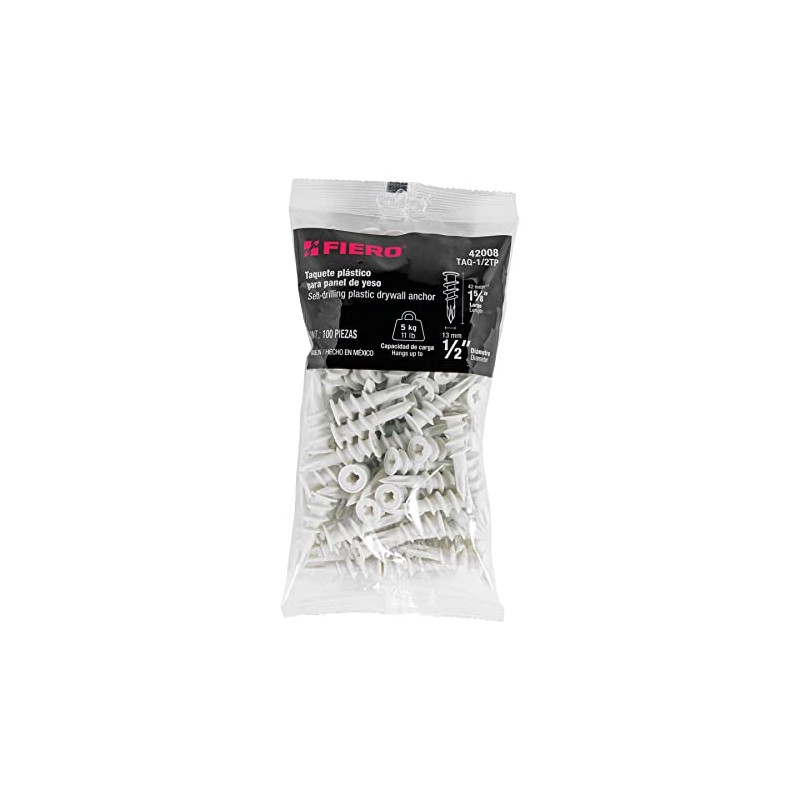 Fiero TAQ-1/2TP, Bolsa con 100 taquetes de plástico 1/2", para