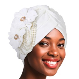 IYOU Flower Turban Beanie Hat White Pearl Afrcian Head Wraps Elastic Church Headwear Cap for Women