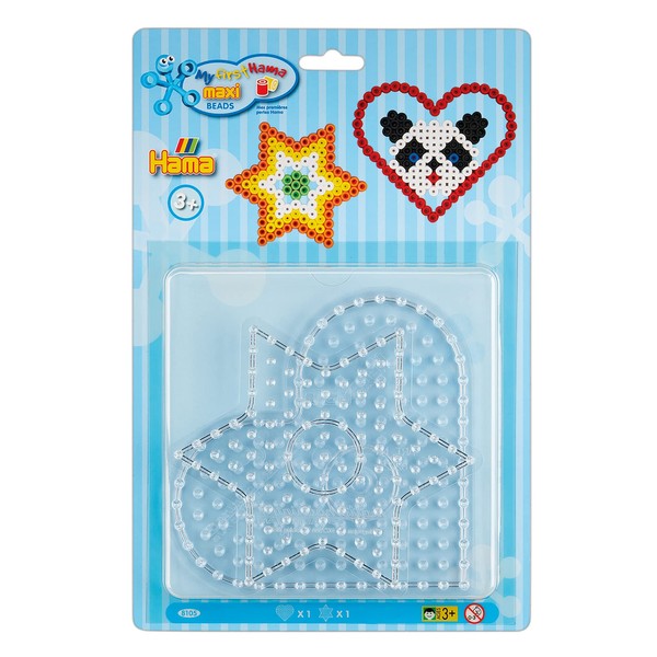 Hama Perlen 8105 Peg Plates Set of 2 for Maxi Ironing Beads with Diameter 10 mm, Heart and Star Motifs in Transparent, Creative Craft Fun for Children and Teenagers