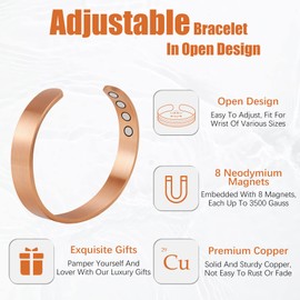 Jeracol Copper Magnetic Bracelets for Men Women,100% Solid Copper Magnetic Cuff Bangle with 8 Powerful Magnets,Simple Style Adjustable Size Brazaletes with Jewelry Gift Box
