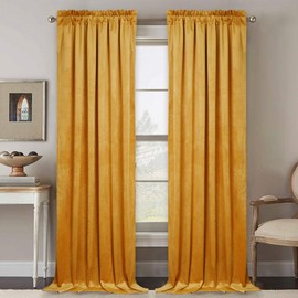 RYB HOME Velvet Curtains 96 inches - Luxury Room Darkening Curtains for Living Room Thermal Insulated Panels for Large Window Home Decor Backdrop Soft Drapery for Bedroom, 52 x 96, Warm Gold, Set of 2