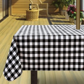 Hipinger Vinyl Rectangle/Oblong Tablecloth with Zipper and Umbrella Hole, Outdoor Oil Waterproof Stain Resisteant PVC Table Cover, Picnic and Patio 60 Inch by 84 Inch, White and Black Checkered