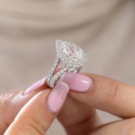 925 Sterling Silver Shiny Full Diamond Gemstone Ring 18K Gold Teardrop 3Ct Cubic Zirconia Promise Rings CZ Diamond Multi Row Ring Eternity Bride Engagement Wedding Party Ring for Women A.29(US Code 7)