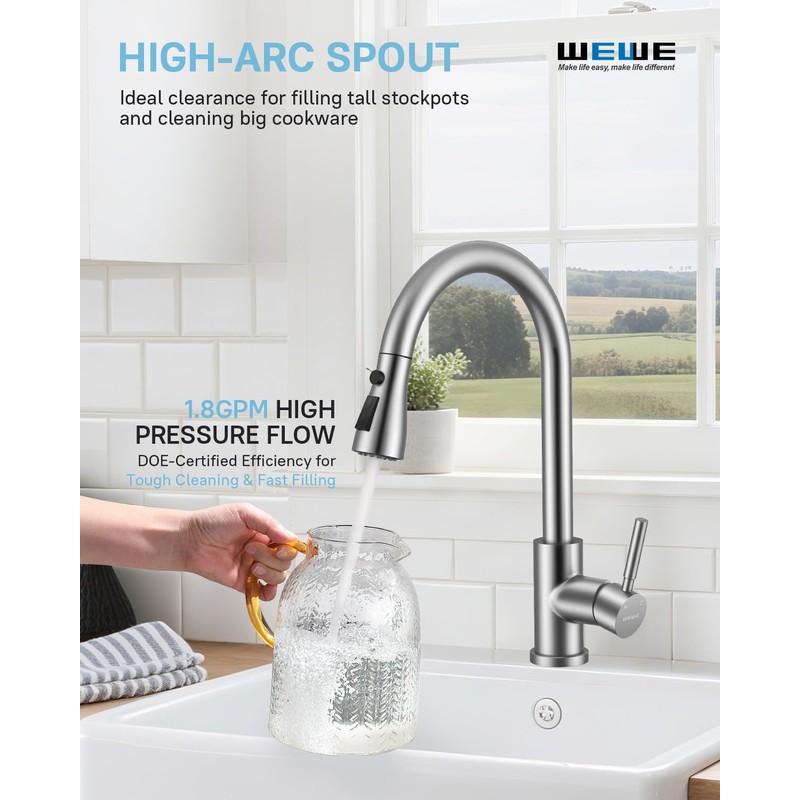 WEWE Kitchen Faucets with Pull Down Sprayer, Leak-Proof Stainless Steel