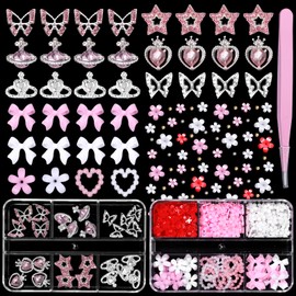Cynailli Flower 3D Nail Charms and Gems, Blossom Flowers Bows Pearls Nail Art Charms+26 Pcs Silver Star Heart Butterfly Rhinesetones Nail Gems, Nail Art Nail Supplies for DIY Decorations