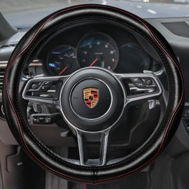 HAOKAY Top Grade Black Genuine Leather Steering Wheel Cover Women Men, Luxury Steering Wheel Cover for Cars, SUVS and Trucks, Universal 14.5-15 inch