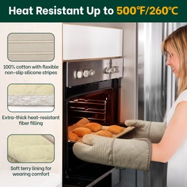 Oven Mitts, Beneno 2Pcs Non-Slip Silicone Textured Cotton Oven Mitts High Heat Resistant 500°F with Soft Terry Cloth Lining, 7"x14.3", Wide Opening Cuff Design, Comfortable & Flexible to Use, Beige