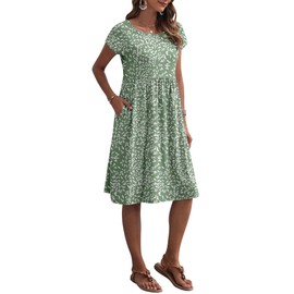 AUSELILY Women's Summer Short Sleeve Knee-Length Dresses Round Neck Loose Dress with Pockets 2025 New, Flyleaf Olive L