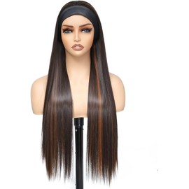 Peluca sintética con diadema para mujer, color negro mezclado con marrón, P4/30, con mechas, fácil de usar, sin pegamento, larga, lisa, de fibra resis
