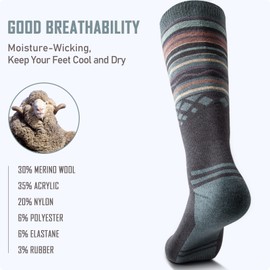 OutdoorMaster Ski Socks 3-Pack Merino Wool, Over The Calf Non-Slip Cuff for Men & Women, Black Blue Grey, M
