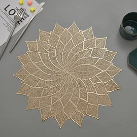 Hosoncovy 4 Pack Decorative Leaf PVC Placemats Flower Placemats Hollow Dining Table Place Mats Heat Resistant Non-slip Dining Placemats Table Mats for Home Kitchen Wedding (Gold)